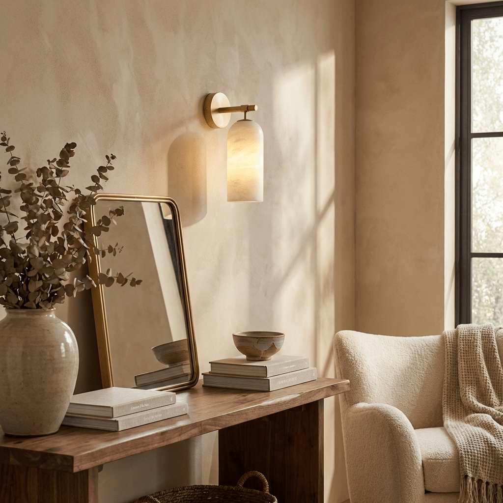 Albast Wandlamp Cilindervorm Minimalistisch Gouden Armatuur Warme Gloed Verlichting