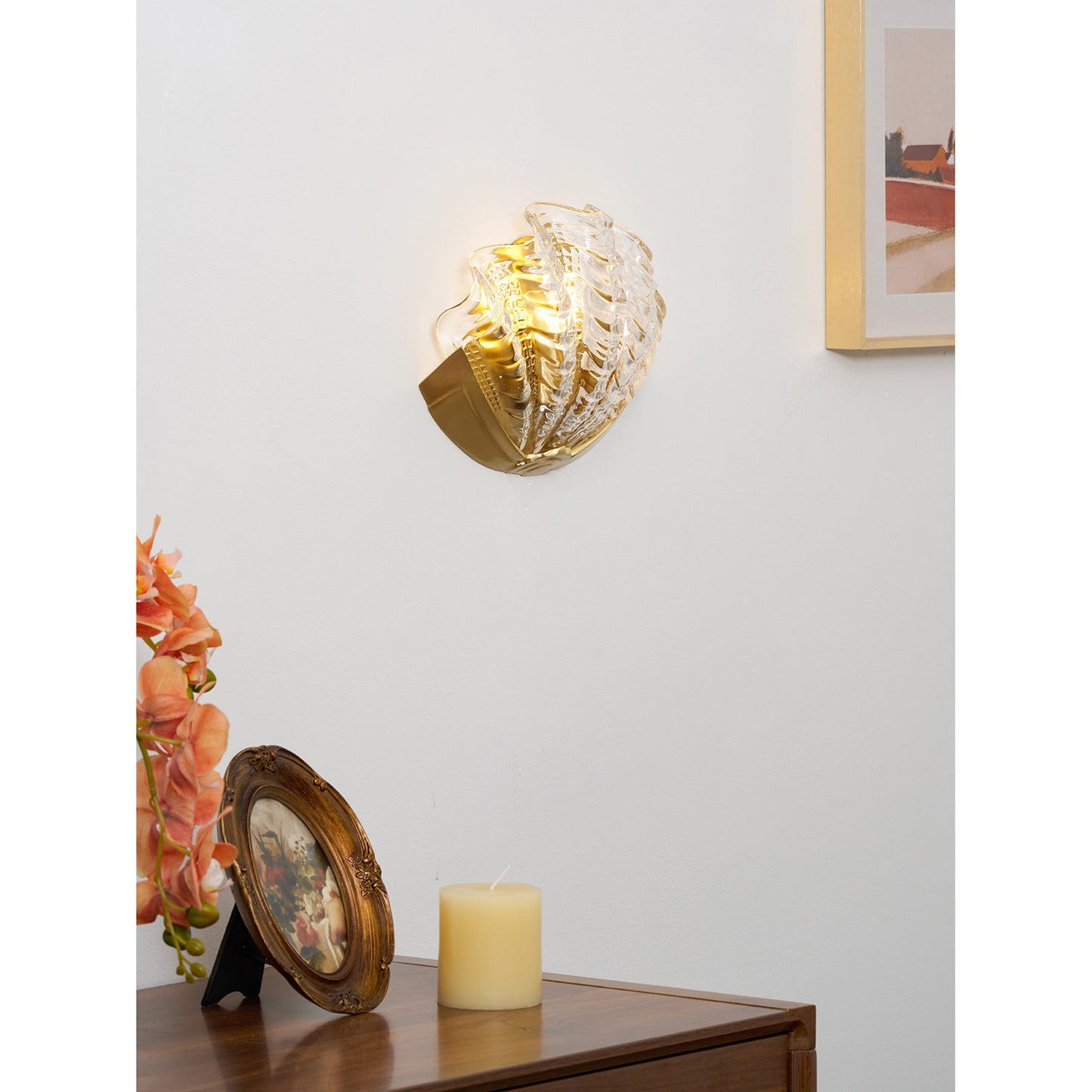 Glazen Wandlamp Schelp Design Messing & Glas Luxe Afwerking voor Gang en Slaapkamer