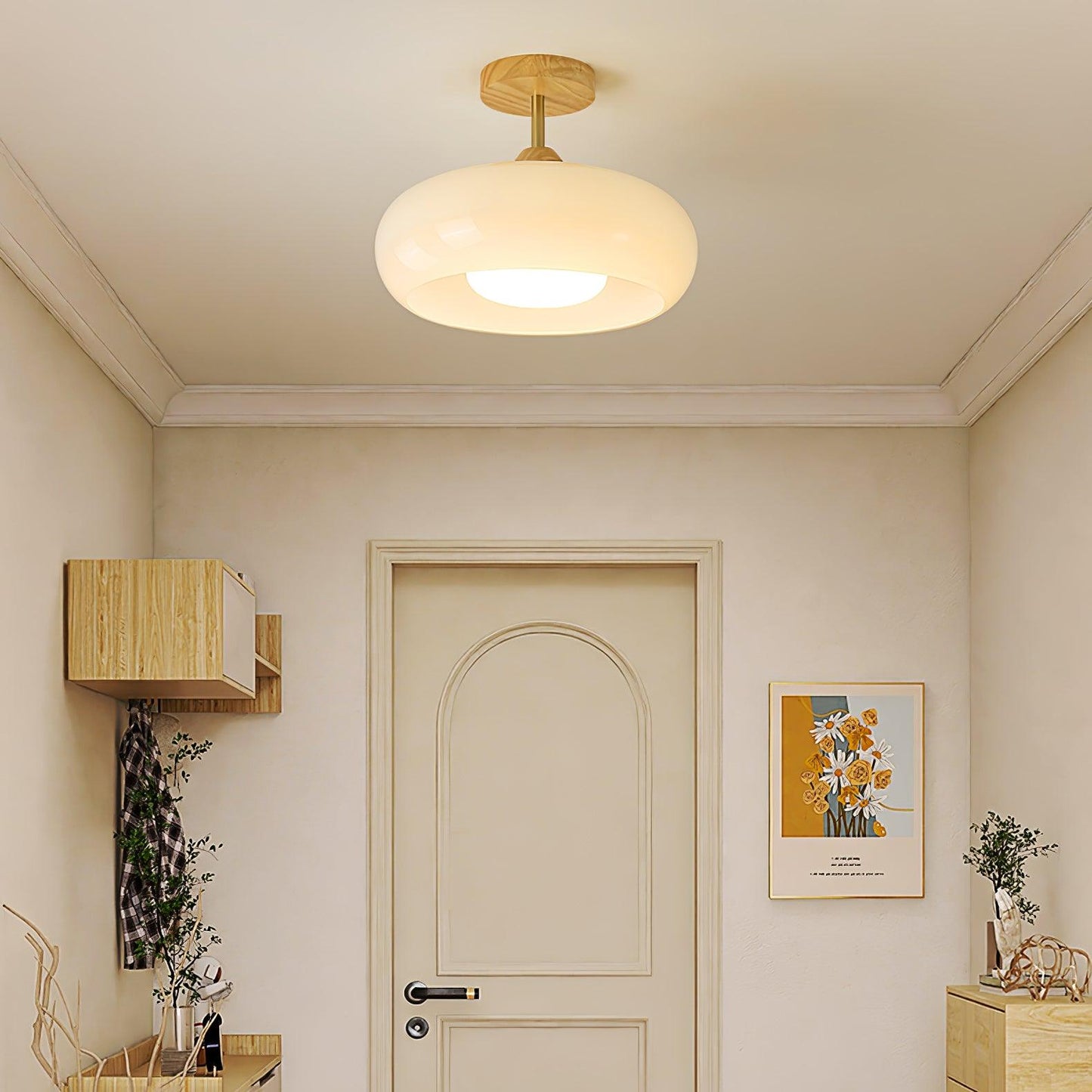 Plafondlamp Glas Hout Wit Oranje Ø28cm Slaapkamer Eetkamer Bauhaus Vintage Plafonnière Mid-Century Retro Sfeerverlichting