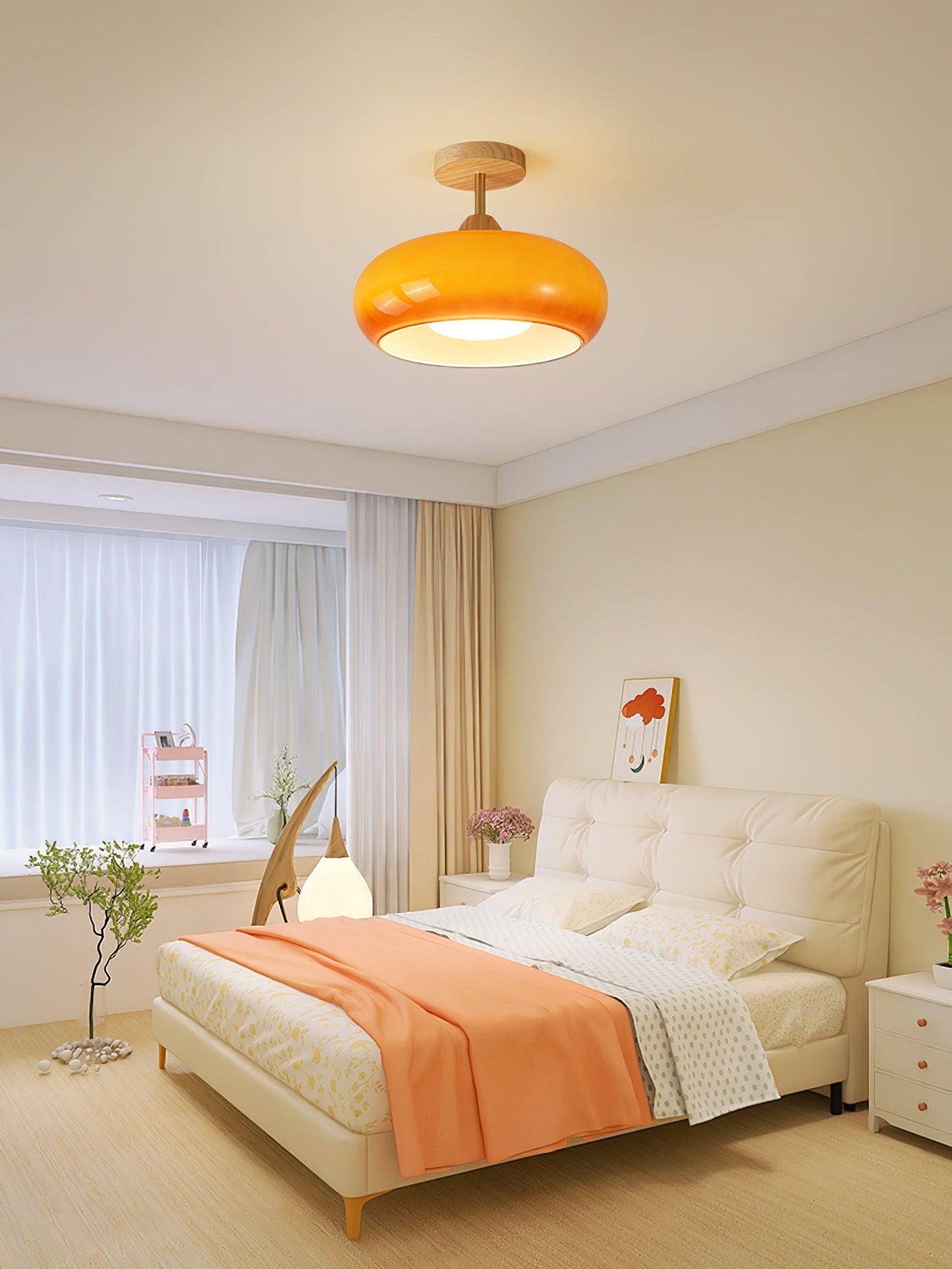 Plafondlamp Glas Hout Wit Oranje Ø28cm Slaapkamer Eetkamer Bauhaus Vintage Plafonnière Mid-Century Retro Sfeerverlichting
