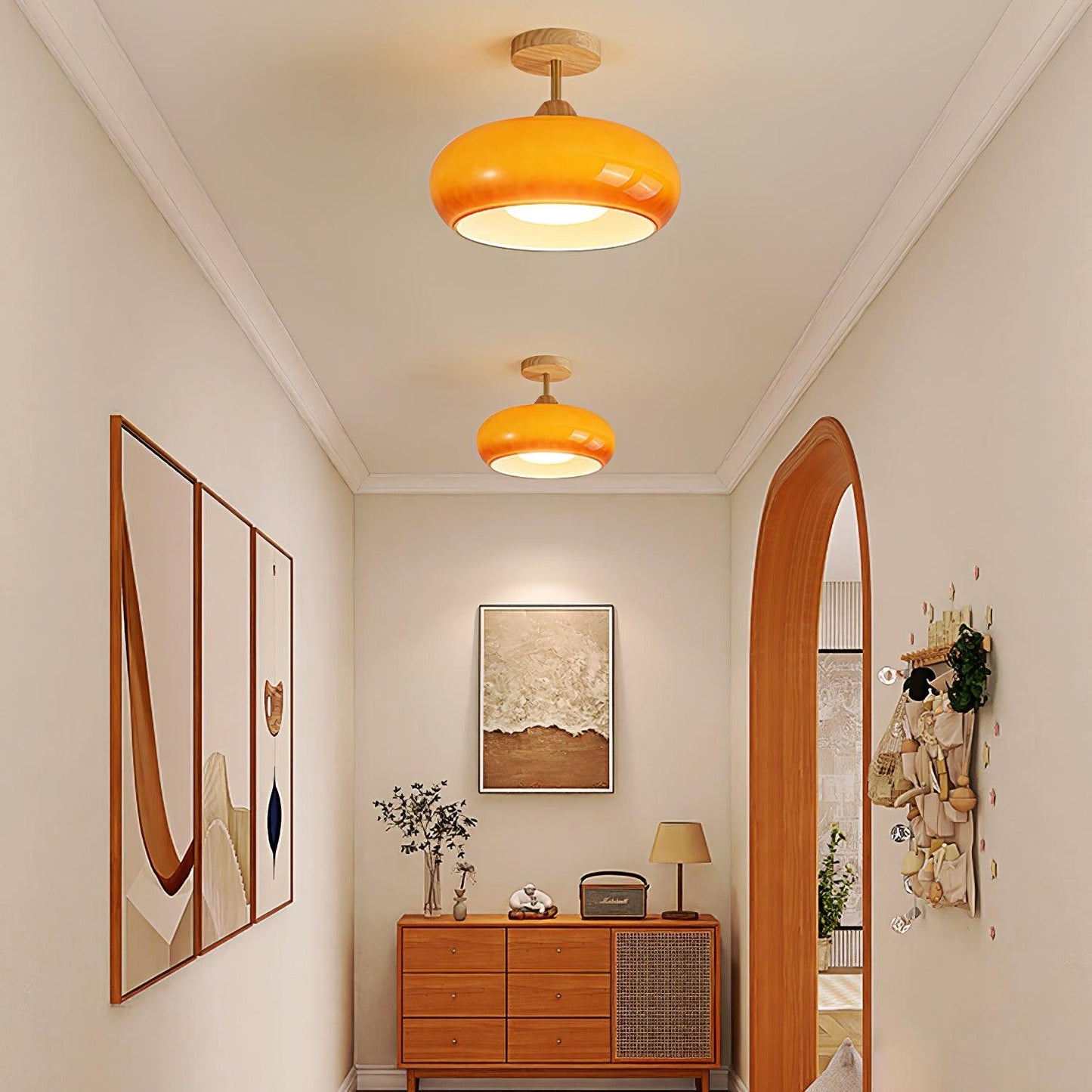 Plafondlamp Glas Hout Wit Oranje Ø28cm Slaapkamer Eetkamer Bauhaus Vintage Plafonnière Mid-Century Retro Sfeerverlichting