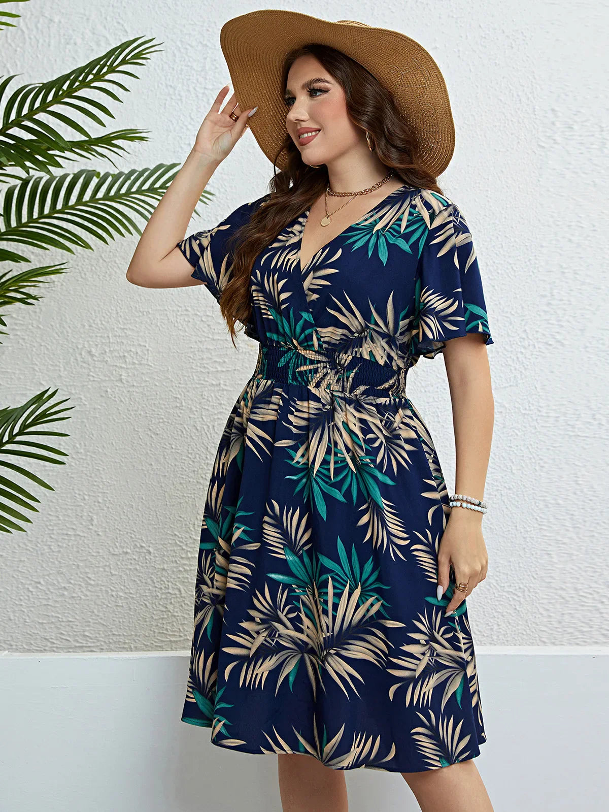 Plus Size Jurk Bloemenprint V-Hals Gewikkeld Comfortabel