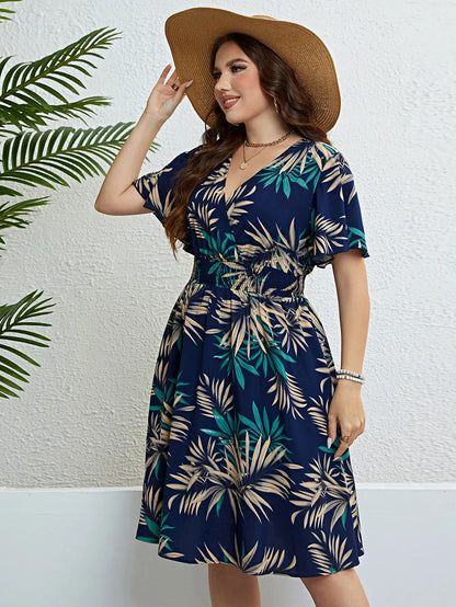 Plus Size Jurk Bloemenprint V-Hals Gewikkeld Comfortabel
