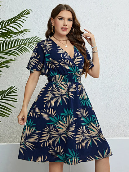 Plus Size Jurk Bloemenprint V-Hals Gewikkeld Comfortabel