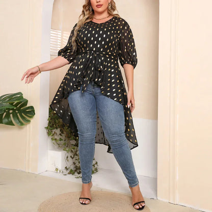 Vrouwelijke Blouse met Gouden Polka Dots en Stuurbare Riem