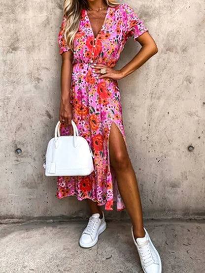 Plus Size Jurk Bloemenprint Maxi Splitrok - StudioMarella