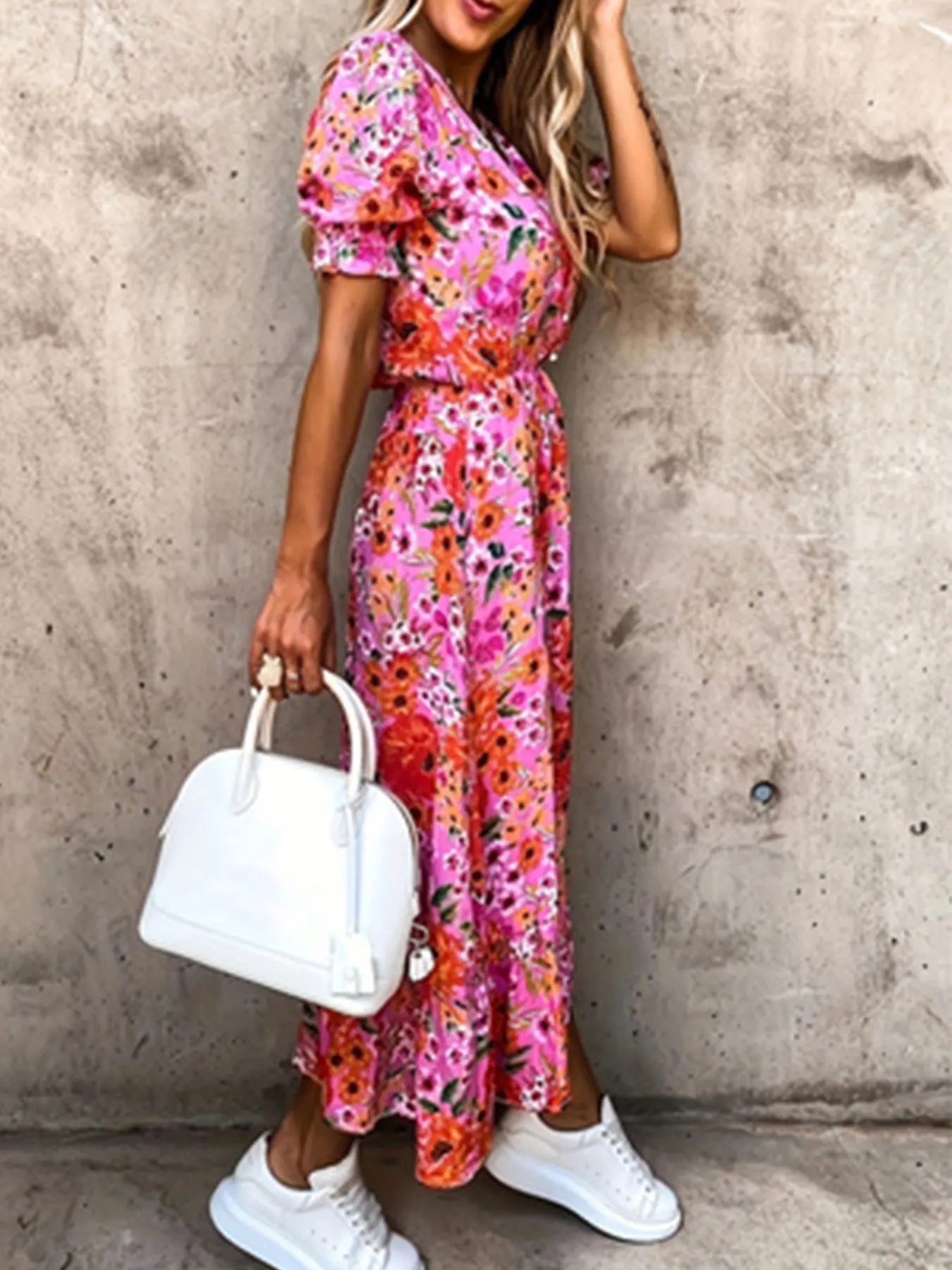 Plus Size Jurk Bloemenprint Maxi Splitrok