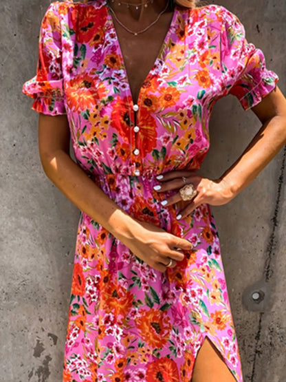Plus Size Jurk Bloemenprint Maxi Splitrok