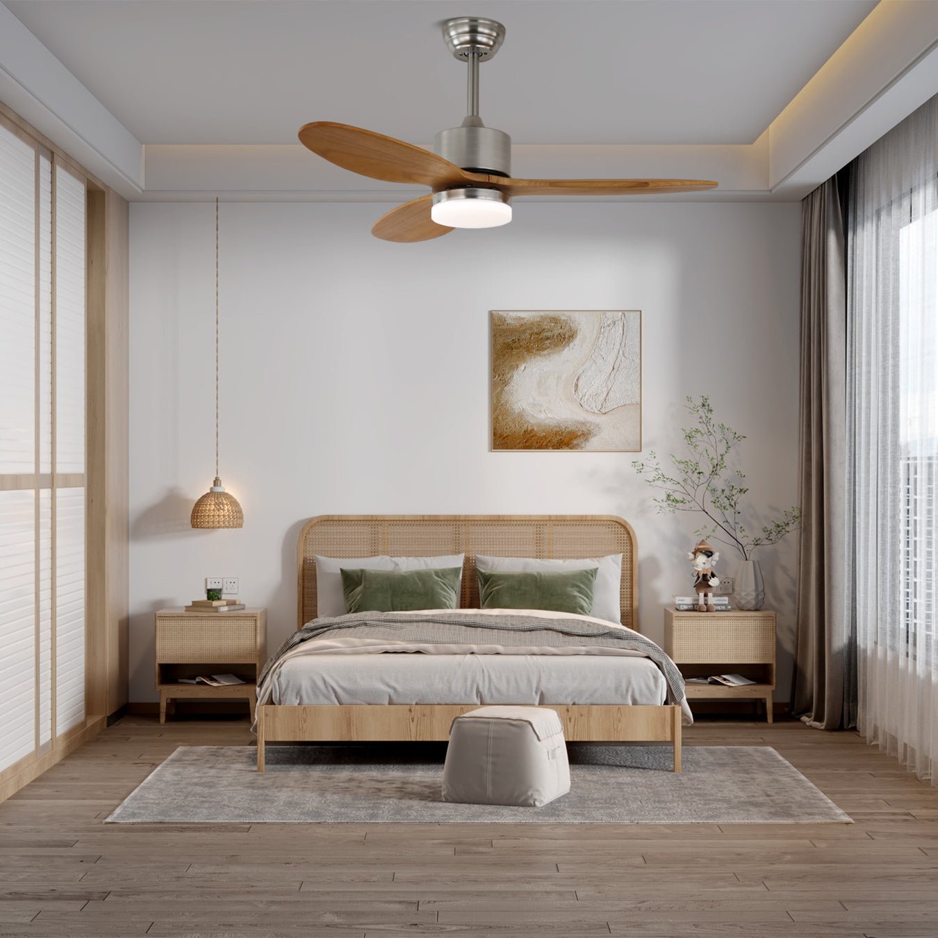 Elara Plafondventilator met Verlichting — Minimalistisch Design met Houten Bladen voor Optimale Luchtstroom
