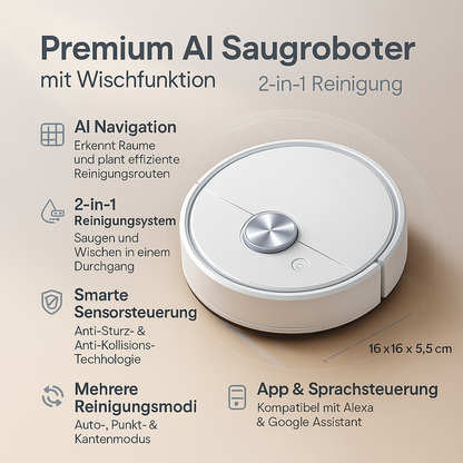 Slimme Robotstofzuiger met Dweilfunctie 2-in-1 Intelligente Vloerreiniging Automatisch Zuigen en Dweilen voor Hard Vloer