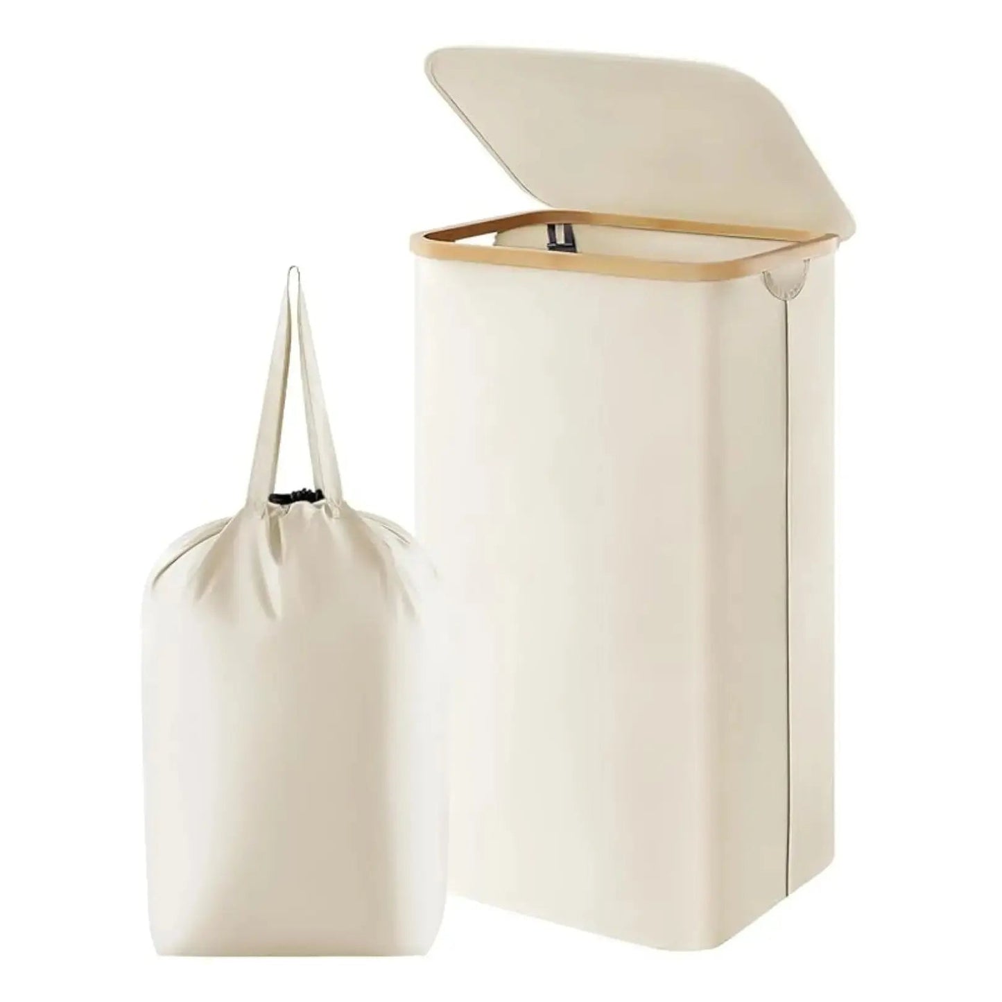 Opvouwbare Wasmand met Deksel 100L Bamboe Handvatten Beige Grijs Zwart Polyester Grote Capaciteit Wasbox