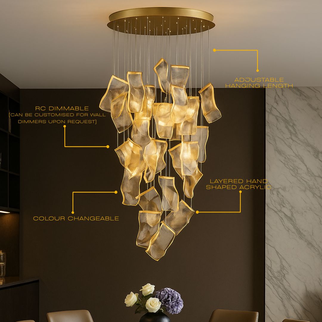 Moderne Design Kroonluchter Met Gelaagde Acryl Bladen En Verstelbare Hoogte