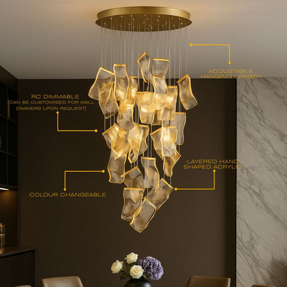Moderne Design Kroonluchter Met Gelaagde Acryl Bladen En Verstelbare Hoogte