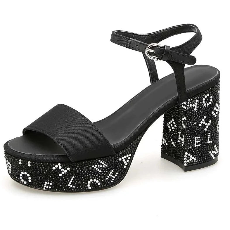 Zomerse Hooggehakte Sandalen Glimmend Zwart Glanzend - StudioMarella