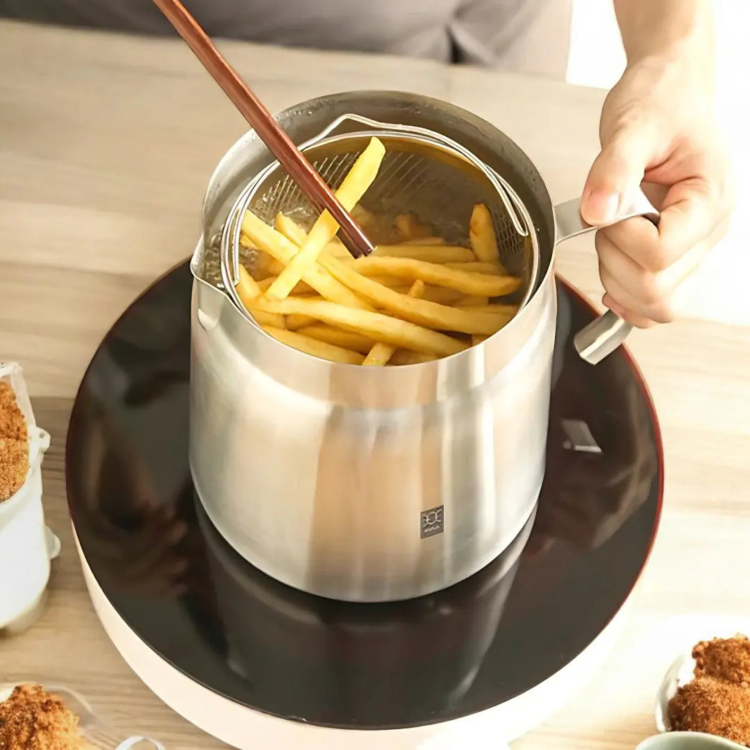 Friteerpan RVS Ingebouwd Filter Olie Hergebruik 2-in-1 Zeef Frituren Keuken