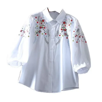 Katoenen Blouse met Bloemen Geborduurd voor Vrouw - StudioMarella
