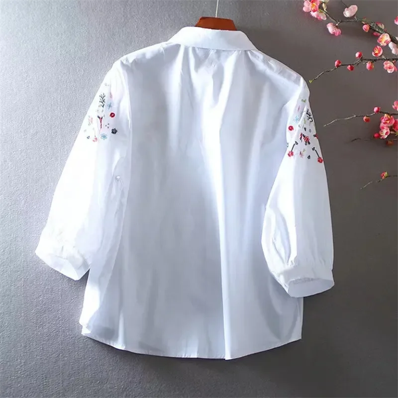 Katoenen Blouse met Bloemen Geborduurd voor Vrouw