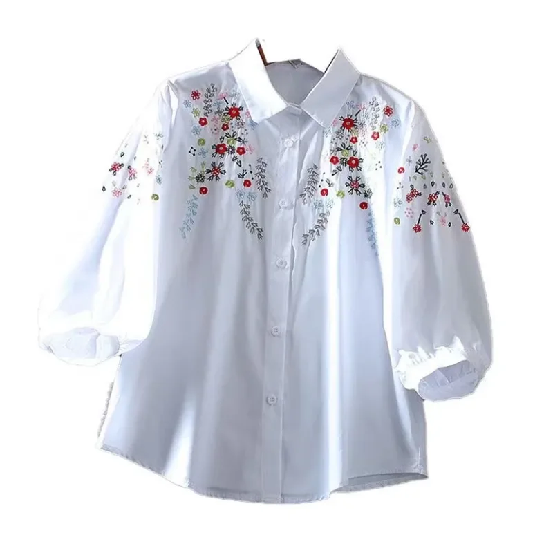 Katoenen Blouse met Bloemen Geborduurd voor Vrouw