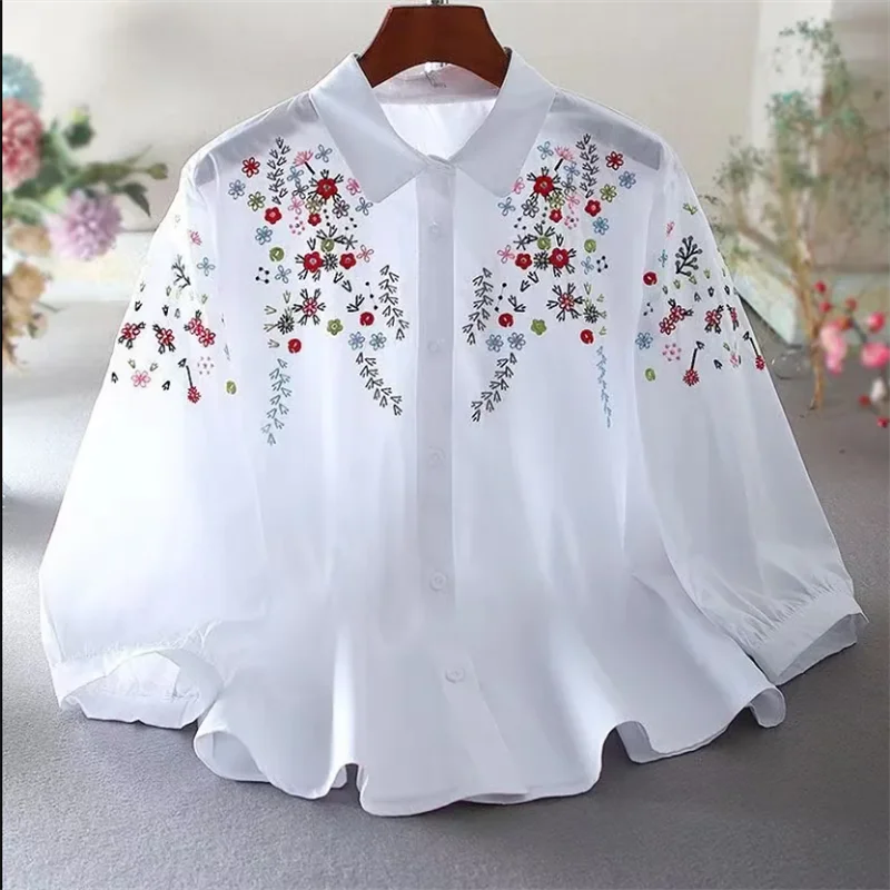 Katoenen Blouse met Bloemen Geborduurd voor Vrouw