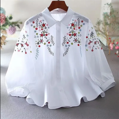 Katoenen Blouse met Bloemen Geborduurd voor Vrouw