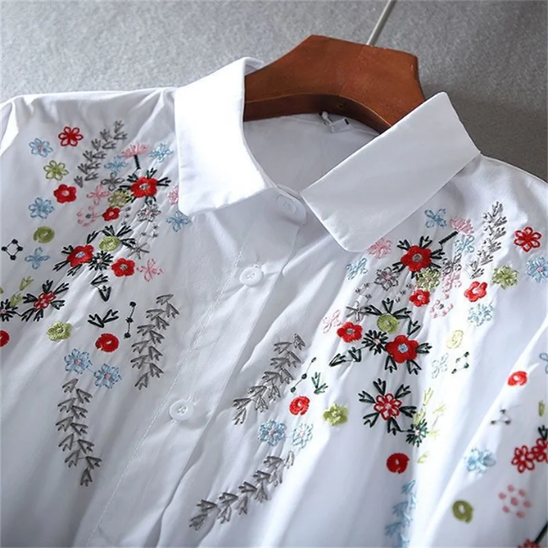Katoenen Blouse met Bloemen Geborduurd voor Vrouw