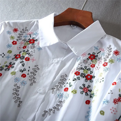 Katoenen Blouse met Bloemen Geborduurd voor Vrouw