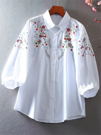 Katoenen Blouse met Bloemen Geborduurd voor Vrouw