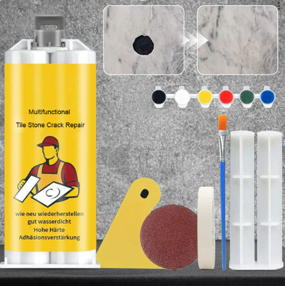 Tegel- en Natuursteen Reparatieset Professioneel voor Scheuren en Beschadigingen | Compleet met Kleurafstemmende Pigmenten voor Keramiek Marmer Graniet Vloeren Muren Keukens Badkamer | Snel Drogende Duurzame Formule met 6 Kleuren