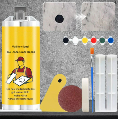 Tegel- en Natuursteen Reparatieset Professioneel voor Scheuren en Beschadigingen | Compleet met Kleurafstemmende Pigmenten voor Keramiek Marmer Graniet Vloeren Muren Keukens Badkamer | Snel Drogende Duurzame Formule met 6 Kleuren