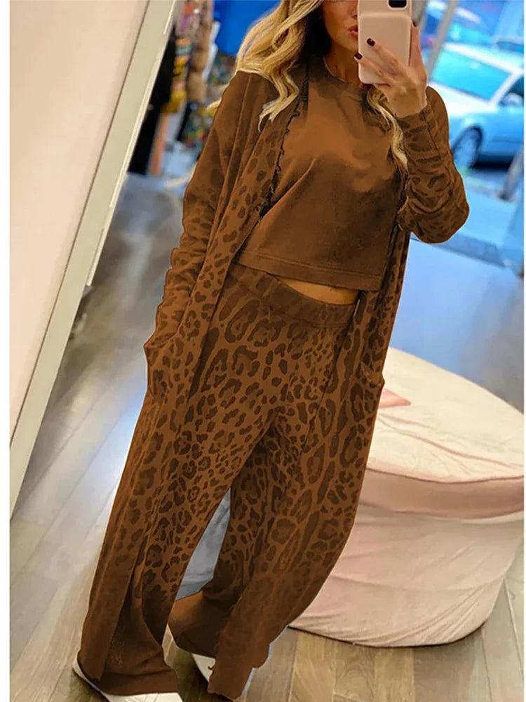 Dame Luipaardprint Set: Vest, Broek en Lange Jas