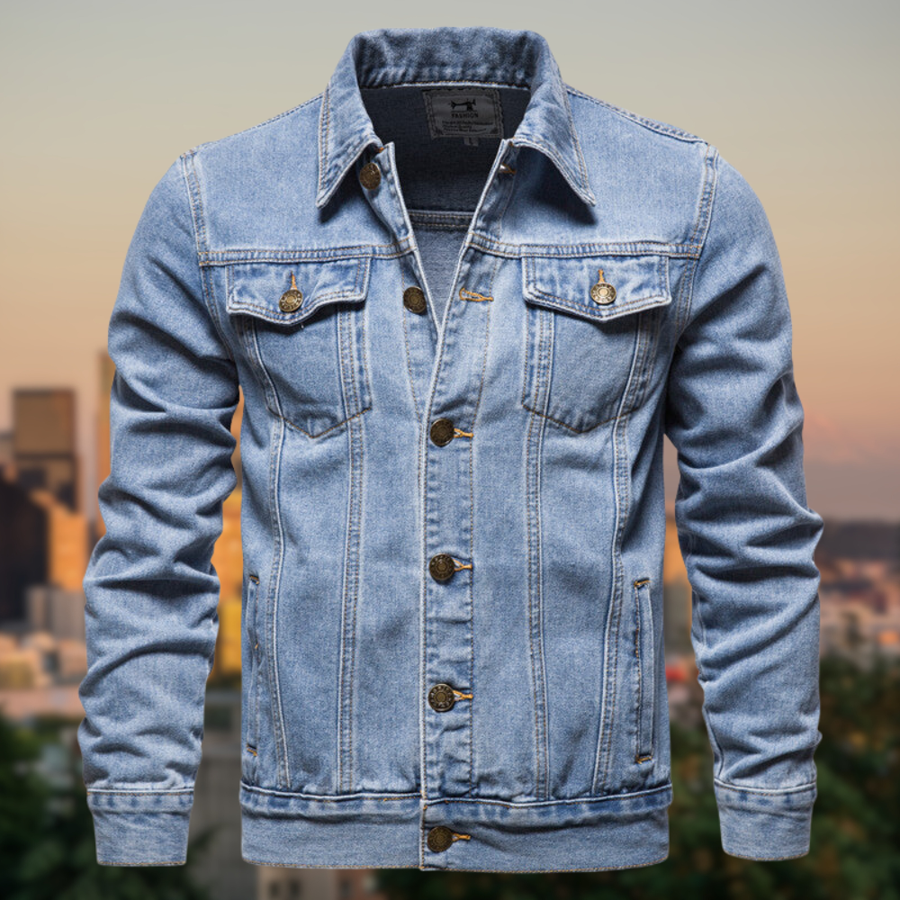 Blauwe Denim Jacket voor Mannen Donkerblauw Stevig