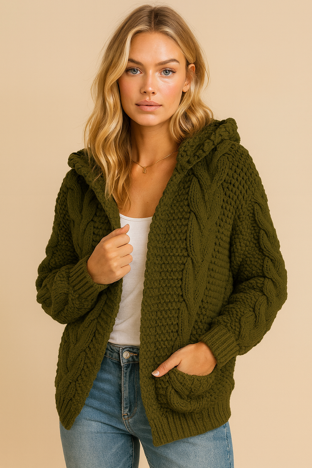 Dames Vest Capuchon Gebreid Kabeltrui Warm - StudioMarella