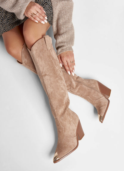 Dames Western Laarzen met Hoge Schacht en Blokhak Cowboy Stijl Leer-Look