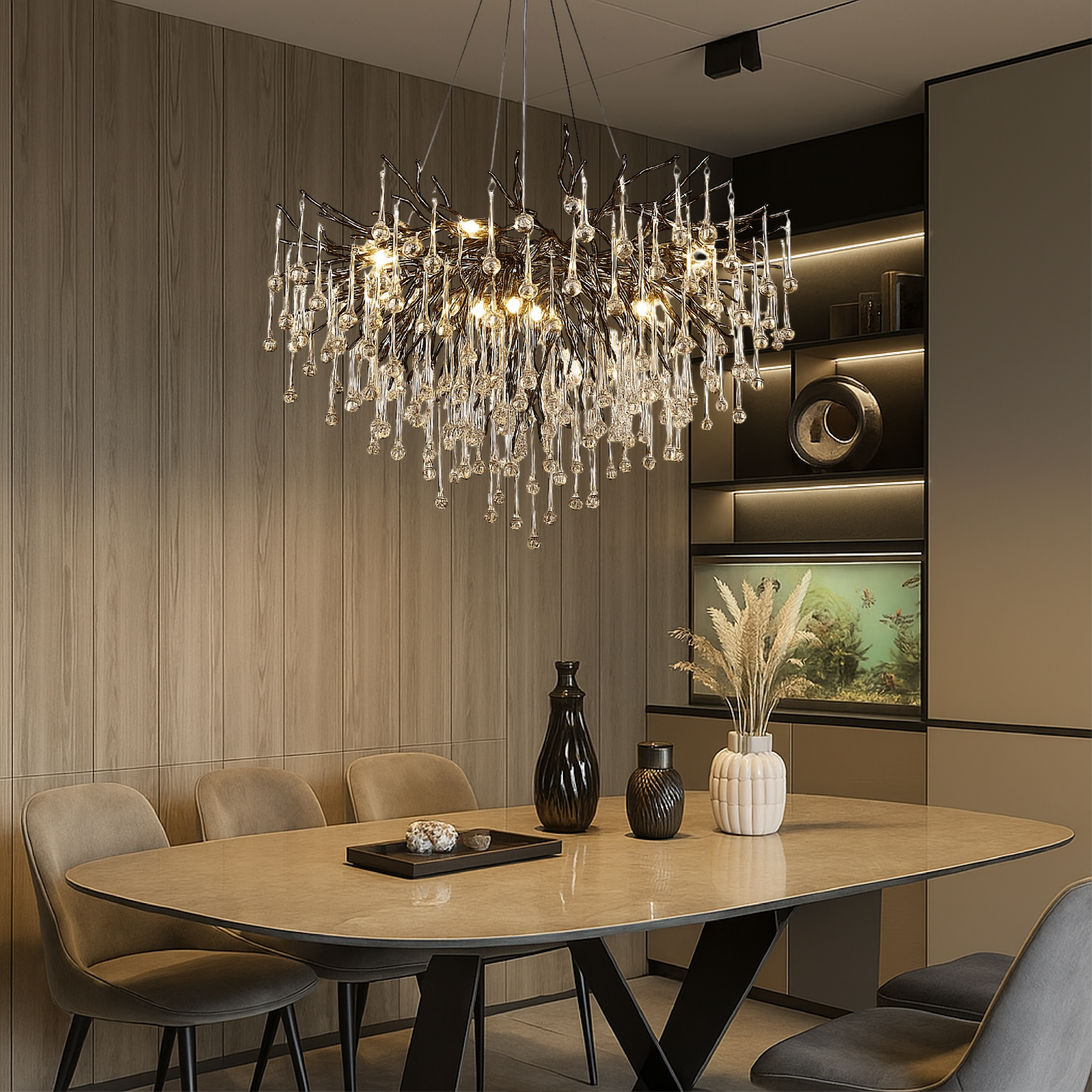 Zwarte kroonluchter raindrop aluminium kristal 60-120 cm woonkamer eetkamer luxe verlichting grote ruimte design