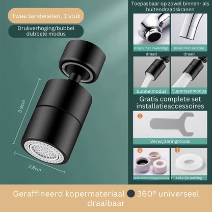 Kraan Spuitmond met 720° Draaibare Kop – Spatvrij Sproeikop met Anti-Spetter Technologie en Dubbele Waterstraal voor Keuken en Badkamer