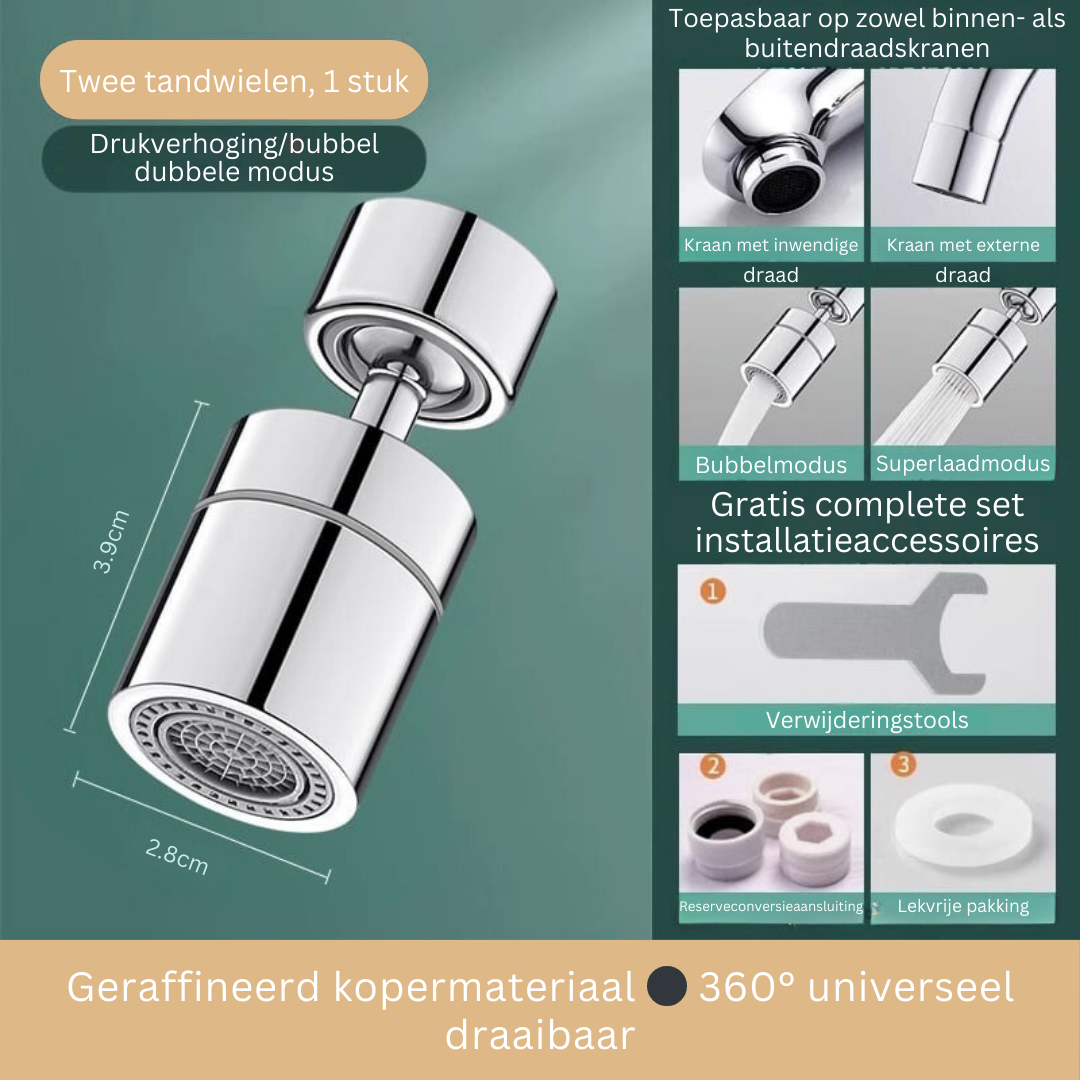 Kraan Spuitmond met 720° Draaibare Kop – Spatvrij Sproeikop met Anti-Spetter Technologie en Dubbele Waterstraal voor Keuken en Badkamer