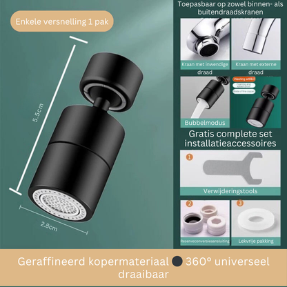 Kraan Spuitmond met 720° Draaibare Kop – Spatvrij Sproeikop met Anti-Spetter Technologie en Dubbele Waterstraal voor Keuken en Badkamer