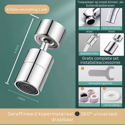 Kraan Spuitmond met 720° Draaibare Kop – Spatvrij Sproeikop met Anti-Spetter Technologie en Dubbele Waterstraal voor Keuken en Badkamer