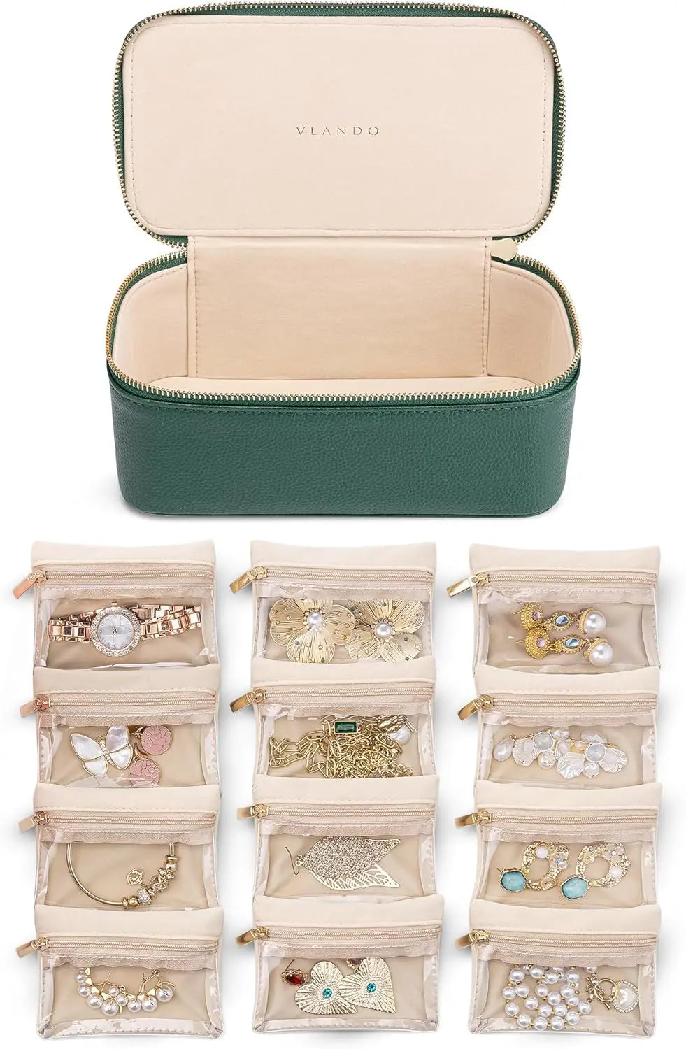 Sieradendoos met Transparante Vakjes 21,5 cm Wit Groen Blauw Roze Zwart PU-Leer Flanel Voering 12 Ritszakjes Ringendoos Kettinghouder Oorbellen Opbergen Sieraden Opbergdoos Juwelendoos Organizer Dames
