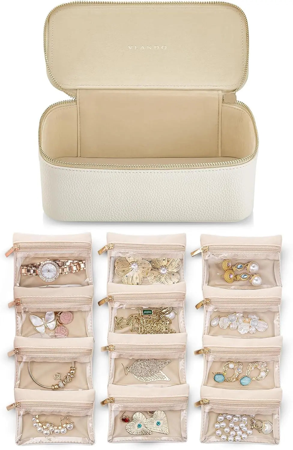 Sieradendoos met Transparante Vakjes 21,5 cm Wit Groen Blauw Roze Zwart PU-Leer Flanel Voering 12 Ritszakjes Ringendoos Kettinghouder Oorbellen Opbergen Sieraden Opbergdoos Juwelendoos Organizer Dames