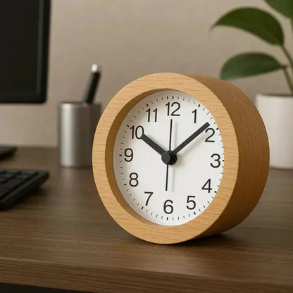 Stille Wekker van Beuken met LED-Nachtverlichting Analoog Quartz met Snooze-Functie