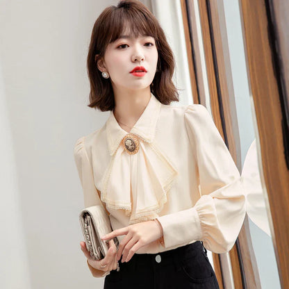 Vrouwelijke Blouse Retro Stijl Blauw Chiffon