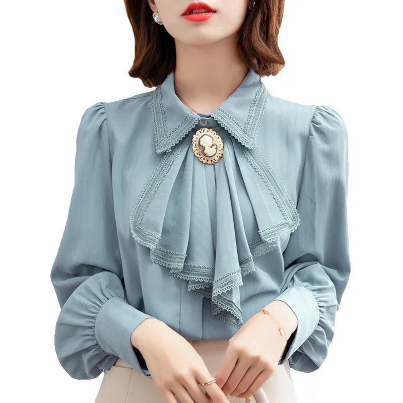 Vrouwelijke Blouse Retro Stijl Blauw Chiffon - StudioMarella