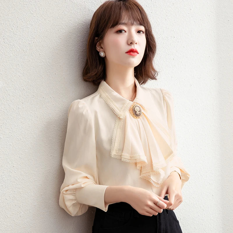 Vrouwelijke Blouse Retro Stijl Blauw Chiffon