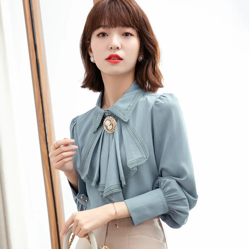 Vrouwelijke Blouse Retro Stijl Blauw Chiffon