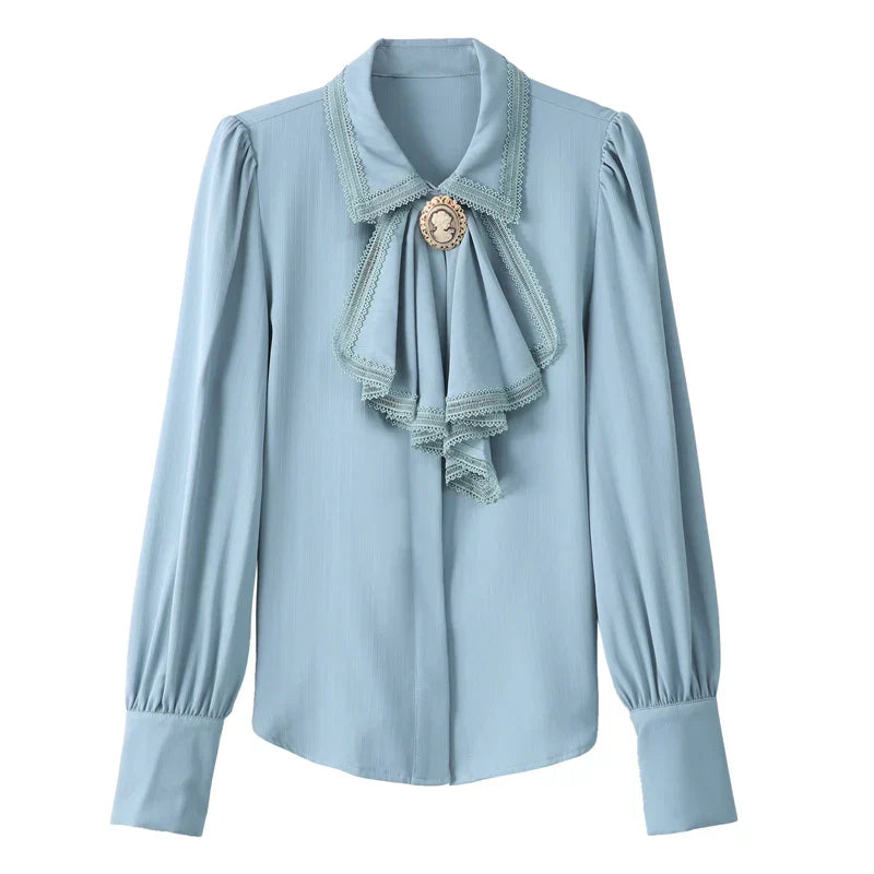 Vrouwelijke Blouse Retro Stijl Blauw Chiffon
