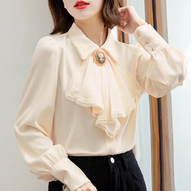 Vrouwelijke Blouse Retro Stijl Blauw Chiffon