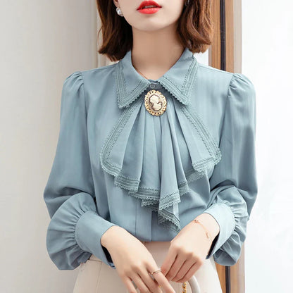 Vrouwelijke Blouse Retro Stijl Blauw Chiffon