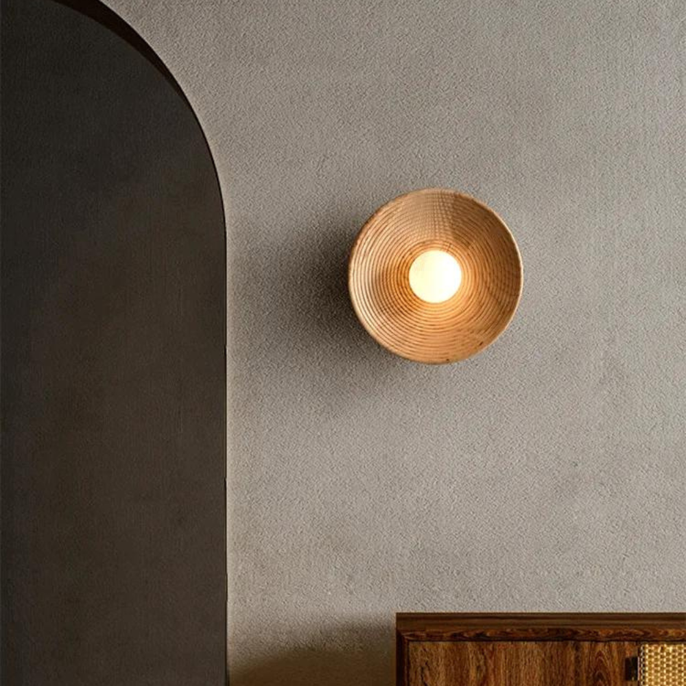 Japandi Wandlamp Hout Glas Rond Retro Vintage 27cm Woonkamer Slaapkamer Hal