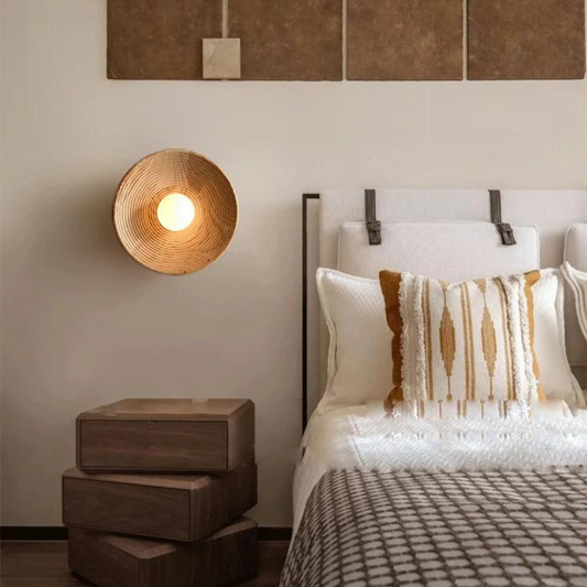Japandi Wandlamp Hout Glas Rond Retro Vintage 27cm Woonkamer Slaapkamer Hal